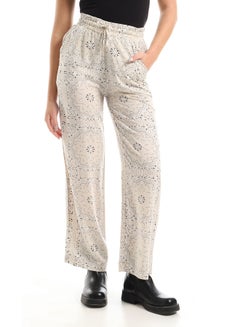 Buy Patterned Wide Leg Pants With Elastic Waist And Drawstrings - Beige, White & Black in Egypt