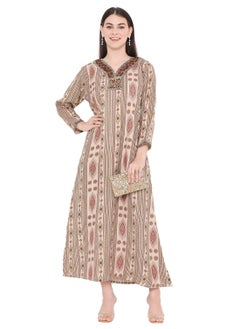 Buy UNIQUE PRINTED LONG SLEEVES WITH NECK EMBROIDERED ARABIC KAFTAN JALABIYA DRESS in Saudi Arabia