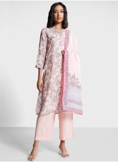 Buy V-Neck Printed Kurti & Pants Set in UAE