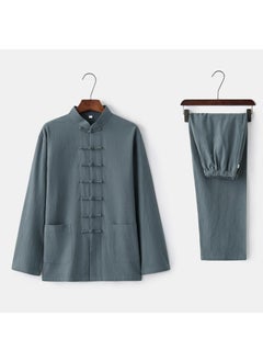 اشتري Mens Cotton Linen Tang Suit Long Sleeve Set Gray Green [suit]] في السعودية