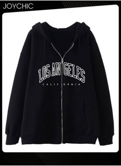 Buy Long Sleeve Zipper Pullover Hoodie Trendy Letter Pattern Autumn and Winter Warm Outwear for Women Black in UAE