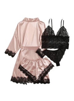 Buy 4 Piece Fashion Ladies Loungewear Lace Pajama Set Pink in UAE