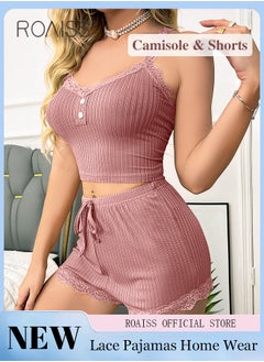 Buy 2 Piece Set Women Loungewear Ladies Lace Solid Color Pajama Set Casual Suspender Shorts for Comfortable Home Wear in UAE