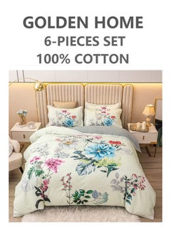 Buy 6-Piece King Size Printed Cotton Duvet Cover Set Includes 1xFitted Bedsheet 200x200+30cm, 1xDuvet/Bed Cover 220x240 cm, 4xPillow cover 50x75cm Multicolour in UAE