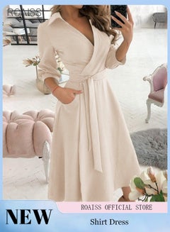 Buy Women's Lapel Shirt Dress Classic V Neck Fashion 3/4 Sleeve Side Pockets With Lace Up Waist for Versatility Dress in Saudi Arabia