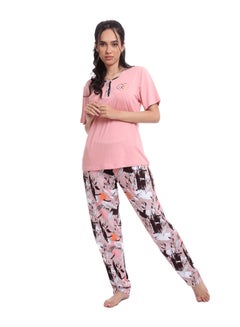 Buy Red Cotton-   Women's  summer pajamas Printed T-shirt and pants-kashmir in Egypt