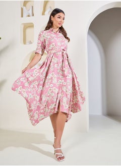 Buy Floral Print Handkerchief Hem Shirt Midi Dress with Self Tie Up in Saudi Arabia