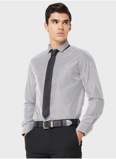 اشتري Men Charcoal Grey White Slim Fit Pure Cotton Striped Formal Shirt في السعودية