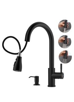 Buy Matte Black Sink Fuacet with Soap Dispenser Black Kitchen Faucet Set with Pull Down Sprayer 3 Modes Stainless Steel Single Handle Faucet for 1 or 2 Holes Sink in Saudi Arabia