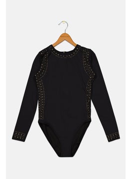 Buy Women Metallic Pattern Long Sleeves Rash Guard, Black in UAE