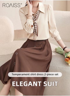 Buy 2 Pcs Skirt Set for Women Solid Color Long Sleeve Buttoned Lapel Shirt Top and Vertical Hem Exquisite High Waist Skirt Ladies Elegant Temperament Wedding Guest Costumes Comes with Scarf and Belt in Saudi Arabia