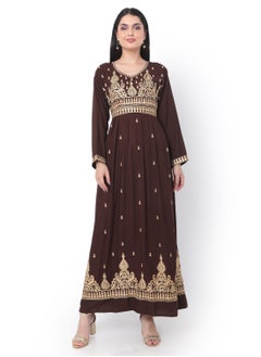 Buy MODEST THICK EMBRODERED WITH LONG SLEEVES AND BELT DARK BROWN HIGH QUALITY STYLISH ARABIC KAFTAN JALABIYA DRESS in Saudi Arabia