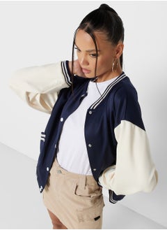 Buy Striped Trim Varsity Jacket in Saudi Arabia