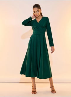 Buy Solid Pleated Waist V Neck Midi Dress in Saudi Arabia