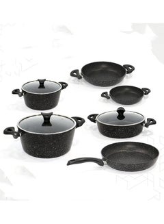 Buy 9-Piece Granite Embossed Aluminum Cookware Pots And Pans Set With Perfect Design Black in Saudi Arabia