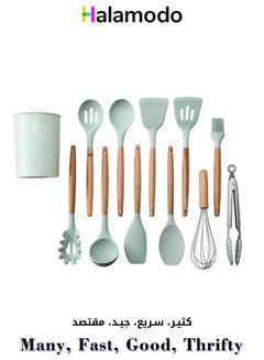 Buy 11-Piece Wooden Handle Silicone Bucket Cookware Spoon Set in Mint Green and Brown BPA free and Non-stick and Heat Resistant in Saudi Arabia