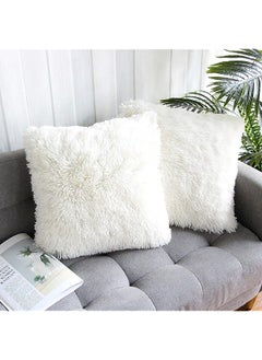 اشتري 2 Packs Home Decorative Super Soft Luxury Series Plush Faux Fur Throw Pillow Cover True Color Cushion Case for Sofa/Bed. 18x18 Inch 45x45 cm True White في الامارات