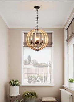 Buy Boho Wood Bead Chandelier, 4-Lights Modern Pendant Lighting, Farmhouse Bohemian Vintage Industrial Ceiling Hanging Light Fixture for Entrance Bedroom Kitchen Living Room Restaurant Bar Corridor in UAE