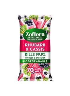 Buy Zoflora Rhubarb & Cassis 70 Large Biodegradable Wipes, Antibacterial Multi-surface Cleaning Wipes, Quick Cleaning, Eliminates viruses and bacteria, Removes grease and grimes. in UAE