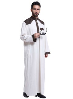 Buy Men's Stand Collar Long Sleeve Casual Kandora Islamic Arabic Kaftan Thobe Ivory/Coffee in Saudi Arabia