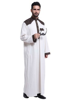 اشتري Men's Stand Collar Long Sleeve Casual Kandora Islamic Arabic Kaftan Thobe Ivory/Coffee في السعودية