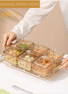 اشتري 6 Clear Candy and Nut Serving Container set with Metal Rack Serving Dishes Tray Divided with Lid Salad Food Nuts Storage Tray Condiment Dish Rack Set Brown في السعودية