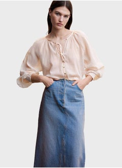 Buy Button Detail Balloon Sleeve Top in UAE