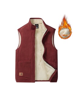 Buy Autumn and Winter lambswool vest mens solid color warm fleece-lined stand collar plus size casual all-matching coat waistcoat wholesale Red in UAE