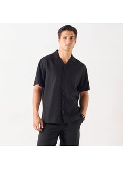 Buy Iconic Solid Relaxed Fit Linen Blend Shirt with Camp Collar in UAE