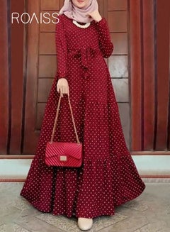 Buy Women's Long Sleeve Vintage Polka Dot Robe Long Skirt Fashion Belt Large Hem Islamic Muslim Clothing in Saudi Arabia