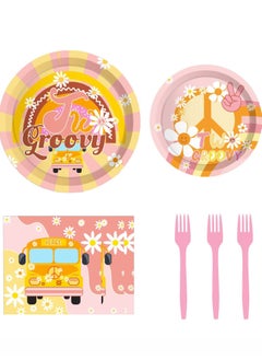 اشتري 60's Hippie Dinnerware Set Disposable Dinner Plates 76 Party Plates Party Decorations Vintage Dinnerware with Daisy Flowers Bohemian Disposable Birthday Plates Napkins Forks Party Supplies في الامارات