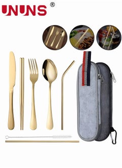 اشتري 7Pcs Stainless Steel Flatware Set Portable Reusable Cutlery Set Travel Utensils Set Including Chopsticks Knife Fork Spoon Straws Cleaning Brush Dishwasher Safe (Golden) في الامارات