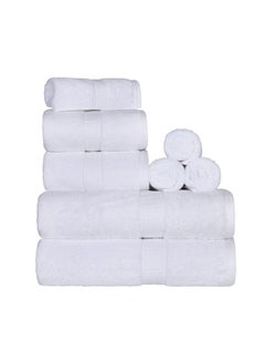 Buy Comfy 8 Piece Highly Absorbent 600Gsm Combed Cotton White Hotel Quality Towel Set in UAE