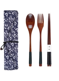 اشتري 3Pcs Wooden Spoon Fork Chopsticks Set Japanese Style Cutlery Wooden Cutlery Set with Storage Bag Sustainable Reusable Travel Cutlery Set for Camping Picnic Office or Home في السعودية