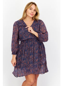 Buy Women V Neck Long Sleeves Printed Mini Dress, Blue Combo in UAE