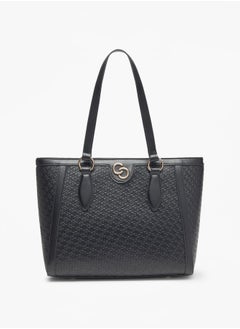 Buy Monogram Embossed Tote Bag with Zip Closure and Double Handle in UAE