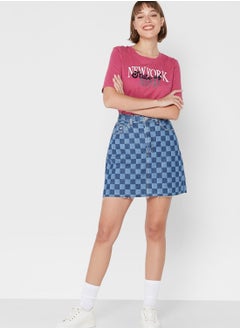 Buy Checked High Waist Denim Skirt in UAE