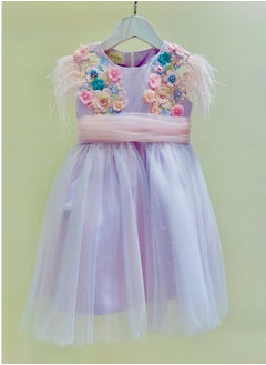 Buy Floral Embellished Lilac Dress with Feather Accents in UAE