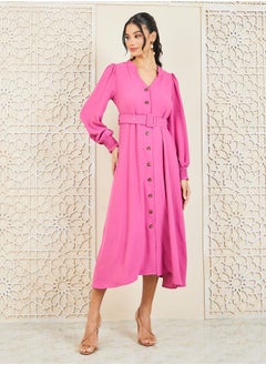 Buy Smocked Cuff Sleeves Woven Belted Shirt Midi Dress in Saudi Arabia