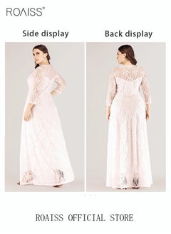 Buy Women's Plus Size Lace Dress for Wedding Party Dating Solid Color Midi Long Loose Dress Transparent three quarter Sleeve Boat Neck Large Hem Elegant Evening Dresses White in Saudi Arabia