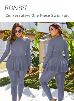 Buy ROAISS 3-Piece Women Conservative Swimsuit Set Muslim Ruffled Hem Swimwear Swimming Trousers Cap Ladies Beachwear Skirt Bikini Dress Arab Clothing Pure  Grey in UAE