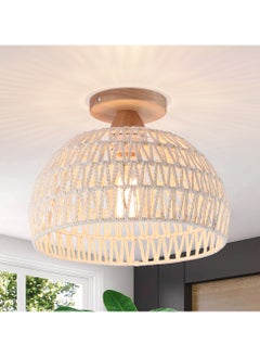 Buy Rattan Ceiling Light, Boho Semi Recessed Ceiling Light, Handmade Rattan Lighting Fixtures, E27 Vintage Chandelier Rustic White Ceiling Lamp for Living Room Bedroom Dining Kitchen Hallway in UAE