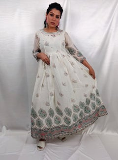 Buy PRIYA'S PANACHE Cotton White Printed Flared Kurta Dupatta Set -Designer Festival Traditional Ethnic Indian Partywear For Women in UAE