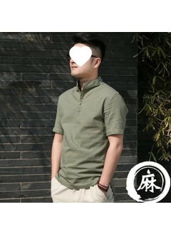 Buy Mens Summer Linen Shirt Solid Vintage Mandarin Collar Green in UAE