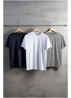 اشتري Navy-Grey Melange-White Basic Slim/Slim Fit 100% Cotton 3 Pack Short Sleeve T-Shirts TMNSS19BO0008 في مصر