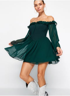 اشتري Emerald Green A-Line Lined Flounce Woven Chiffon Short Elegant Evening Dress TPRSS23EL00096 في مصر