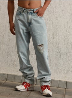 Buy Men Straight Fit Cotton Mildly Distressed Light Fade Jeans in UAE