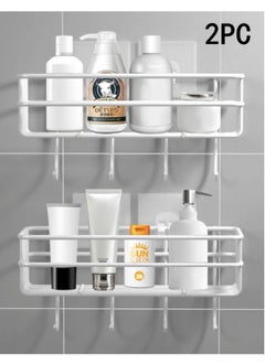 Buy 2-Piece Bathroom Rack Shower Shampoo Organizer Wall Mounted Storage Rack And Hooks White 27x10x10 Centimeter in UAE