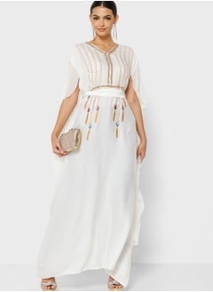 اشتري Split Sleeve Belted Embroidered Dress في السعودية