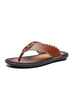 Buy Summer Mens Trendy Stitched Cowhide Flip Flops Outdoor Beach Slippers in Saudi Arabia
